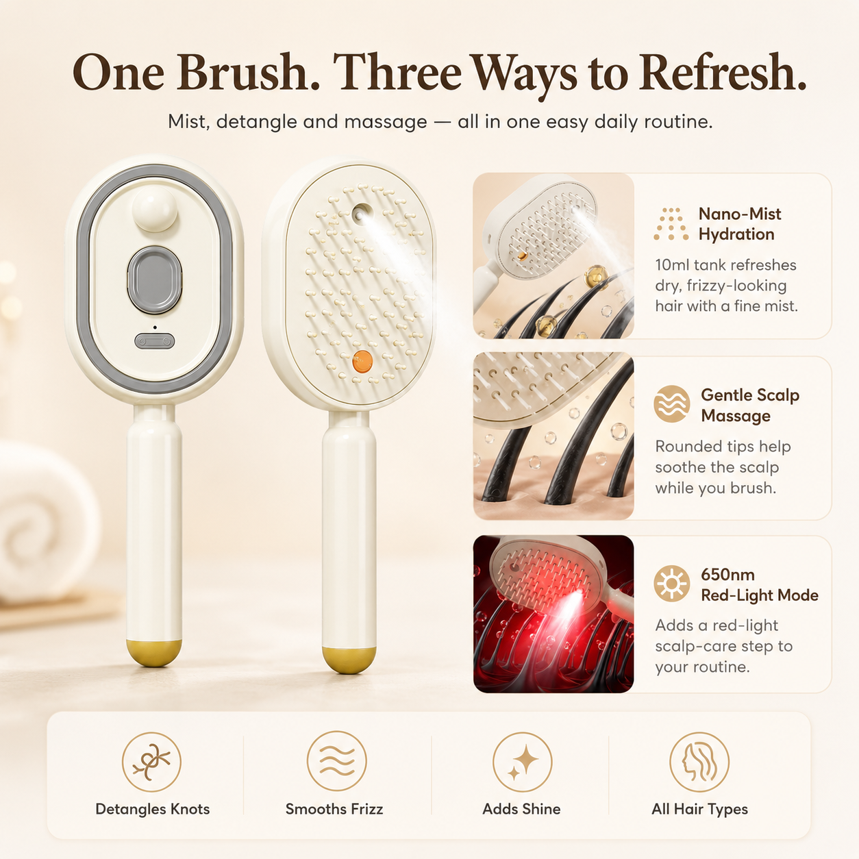 💥3-in-1 Mist Hair Brush – Smooth Frizz, Knots & Dry-Looking Hair Fast