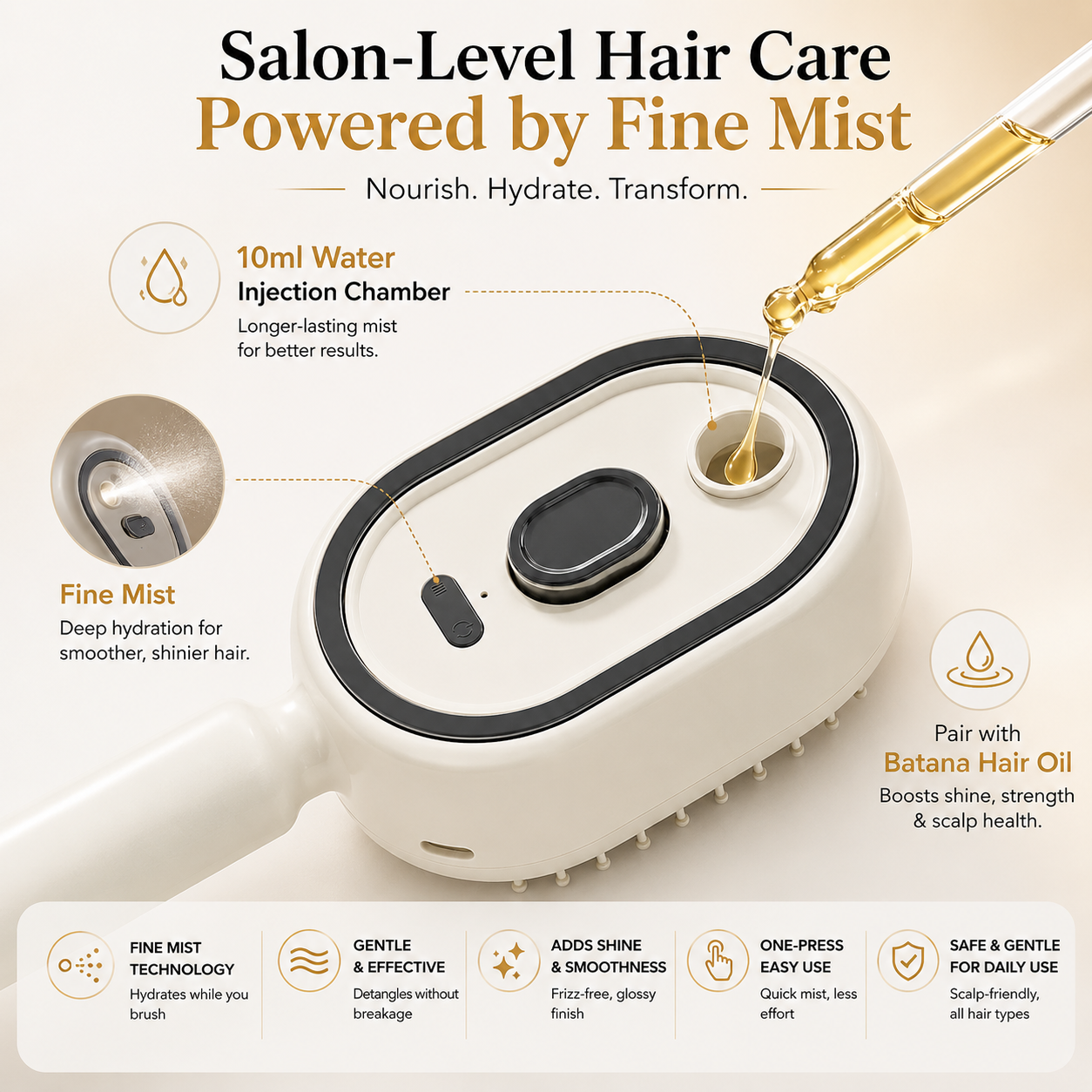 💥3-in-1 Mist Hair Brush – Smooth Frizz, Knots & Dry-Looking Hair Fast