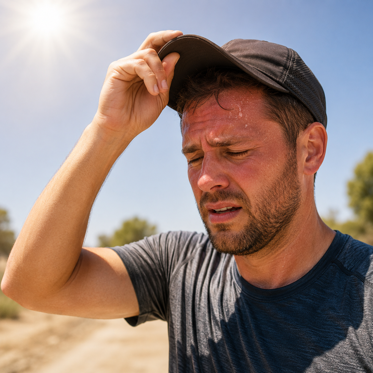 Man feeling overheated while wearing a hat