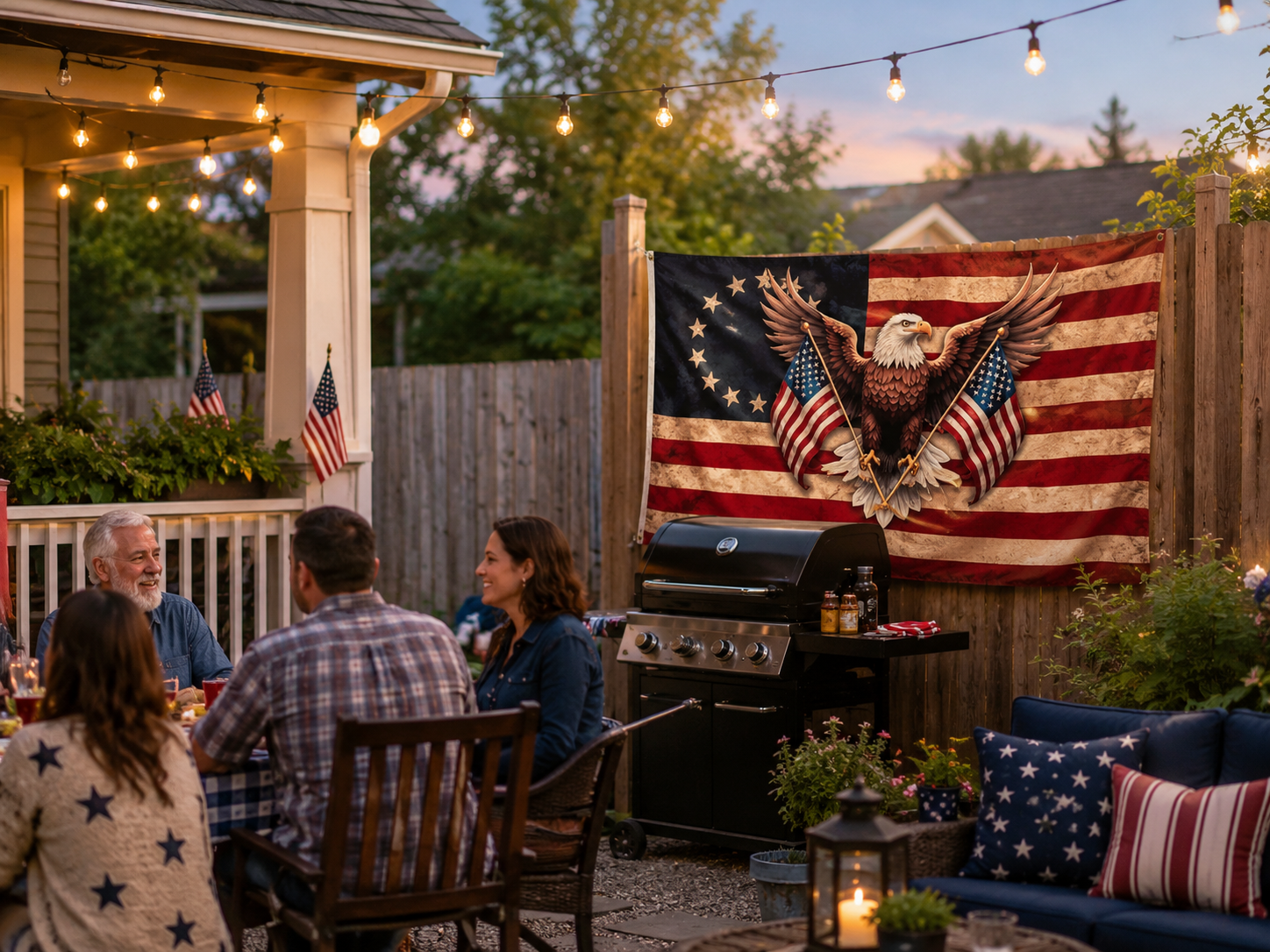 250th Anniversary Eagle Flag in backyard BBQ scene