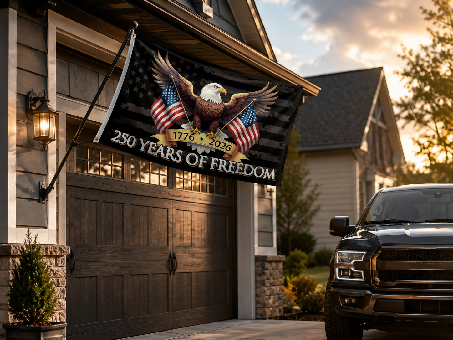 250th Anniversary Eagle Flag near garage and driveway