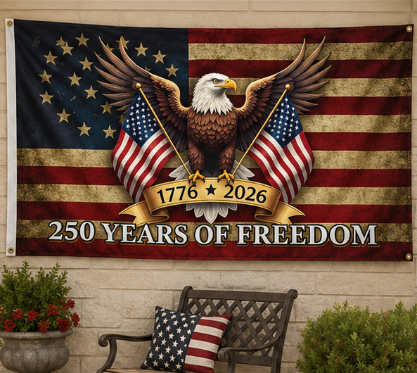 250th Anniversary Eagle Flag hanging on patio wall