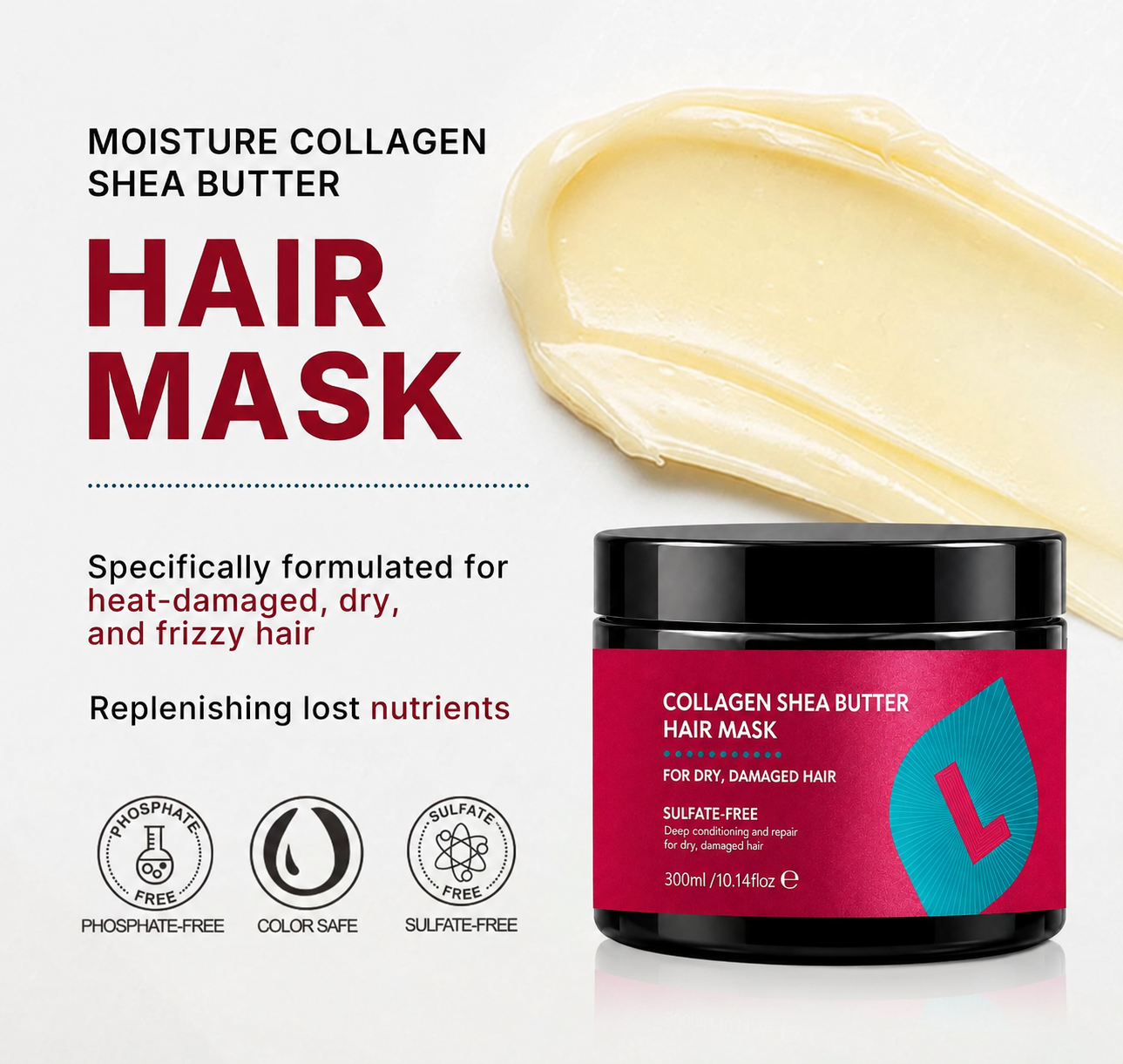 Collagen Shea Butter Hair Mask Deep Repair Conditioning Collagen Shea Butter Hair Treatment for Dry and Damaged Hair All Hair Types 18.6 oz 550ml