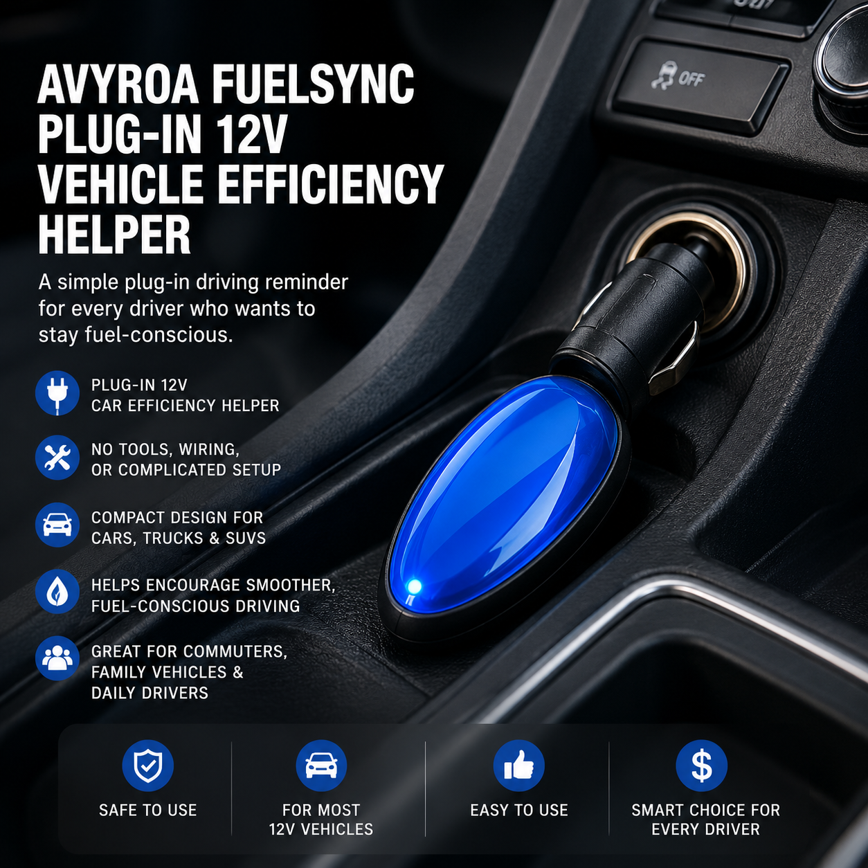 Avyroa FuelSync plug-in 12V vehicle efficiency helper inside a car
