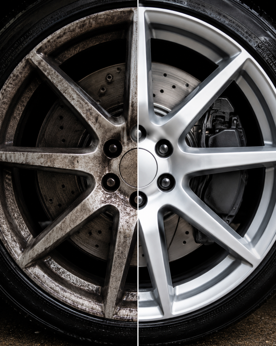 Before and after brake dust cleaning on wheel