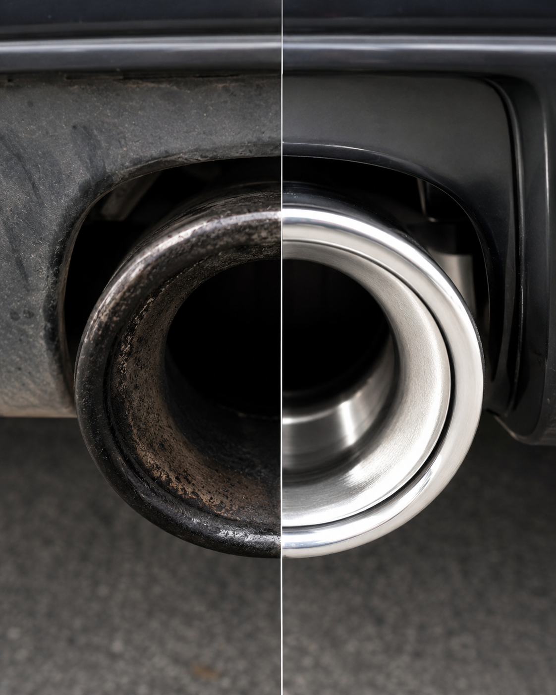 Before and after exhaust tip metal grime cleaning