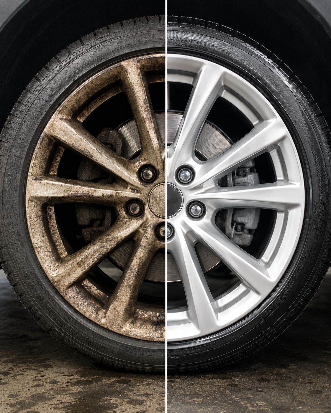 Before and after wheel rim cleaning with Avyroa Iron Eraser