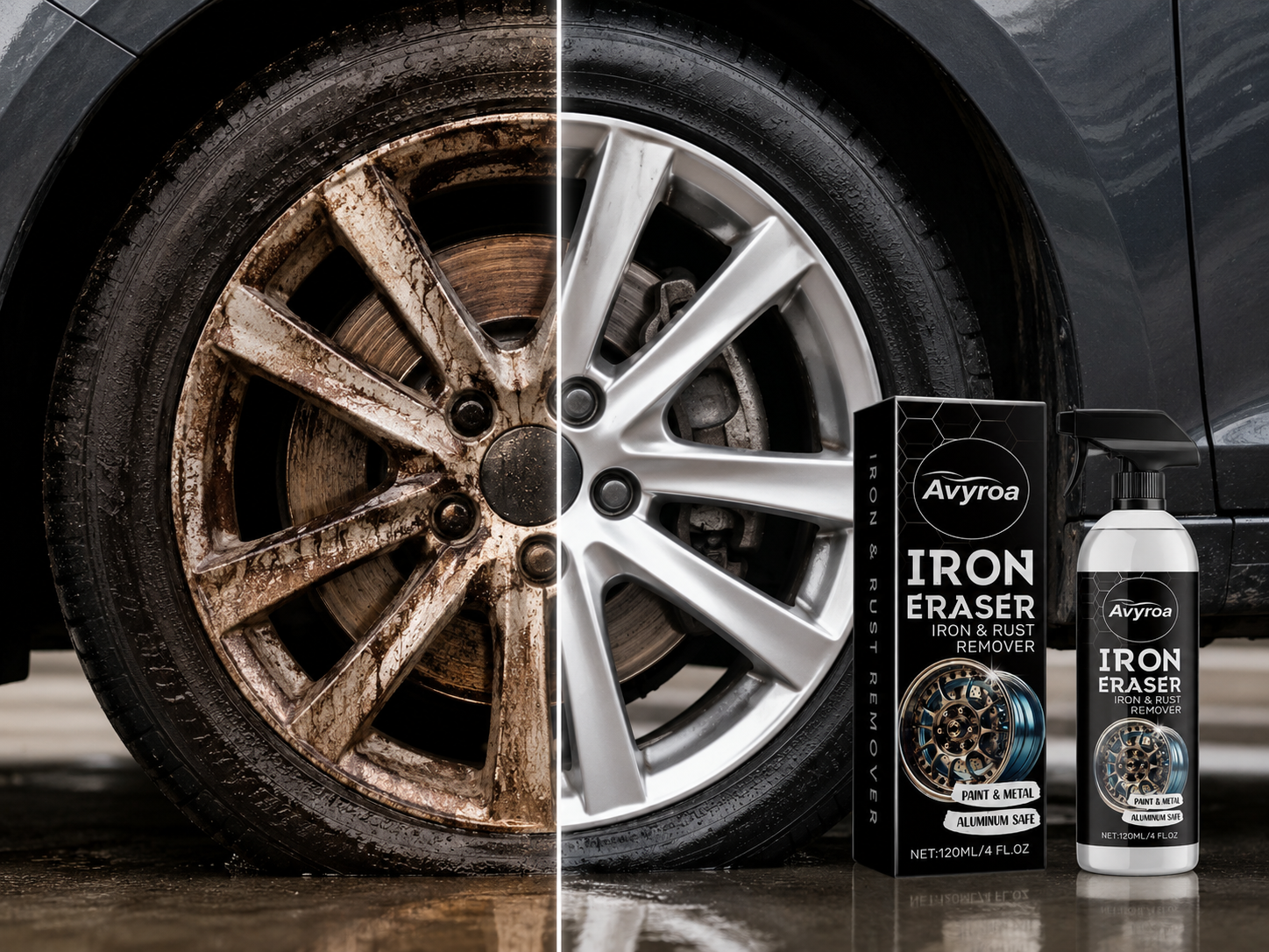 Avyroa Iron Eraser rust and brake dust remover before and after